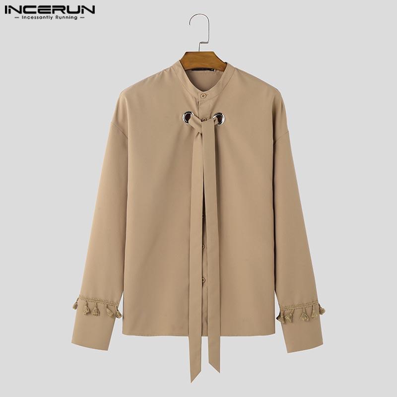 INCERUN Men Mockneck Long Sleeve Shirts Oversized Loose Hollow Out Lace Up Tops