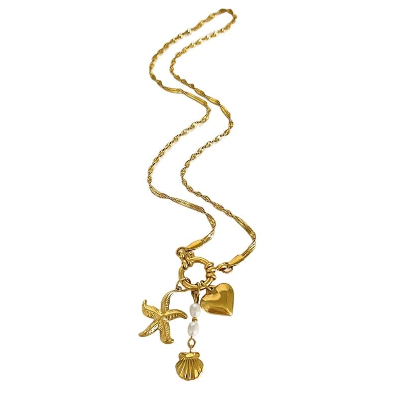 

Stainless Steel Heart Starfish Shell Pendant Necklace Chain Trendy Jewelry Youthful Women Accessories for Daily Party 1