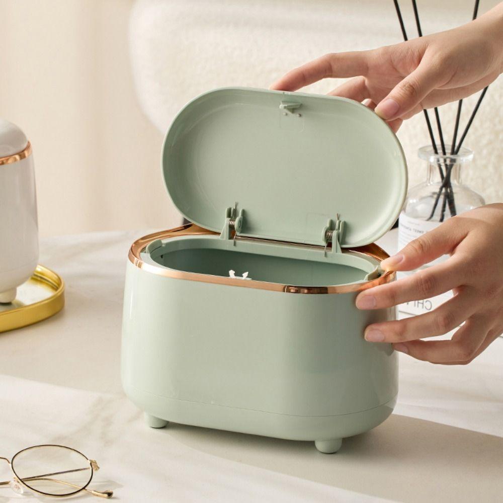 With Lid Small Wastebasket Oval Waste Garbage Bin Useful Desk Organizer Countertop
