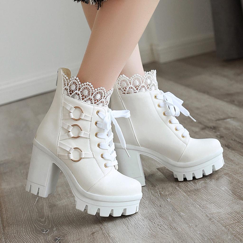 Large Size - Short Boots Coarse Heel White Martin Boots Sweet beautiful women boots Winter High Heel