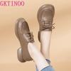 Fashion GKTINOO Platform Shoes Women Genuine Cow Leather Round Toe Sewing Lace-Up Chunky Sole Ladies Low Heels Shoes Handmade Plus Size