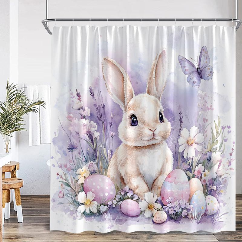 Easter Shower Curtains Watercolour Floral Leaves Butterfly Cute Rabbit Bath Curtain Fabric Home Bathroom Decoration With Hooks