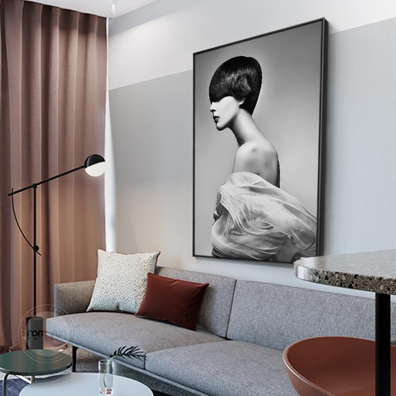 Black And White Short Hair Girl Painting Rabbit Hat Sexy Lady Poster For Living Room Nordic Wall Art Decoration Picture Salon