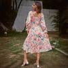 Summer new square neck horn long sleeve high waist dress loose long dress