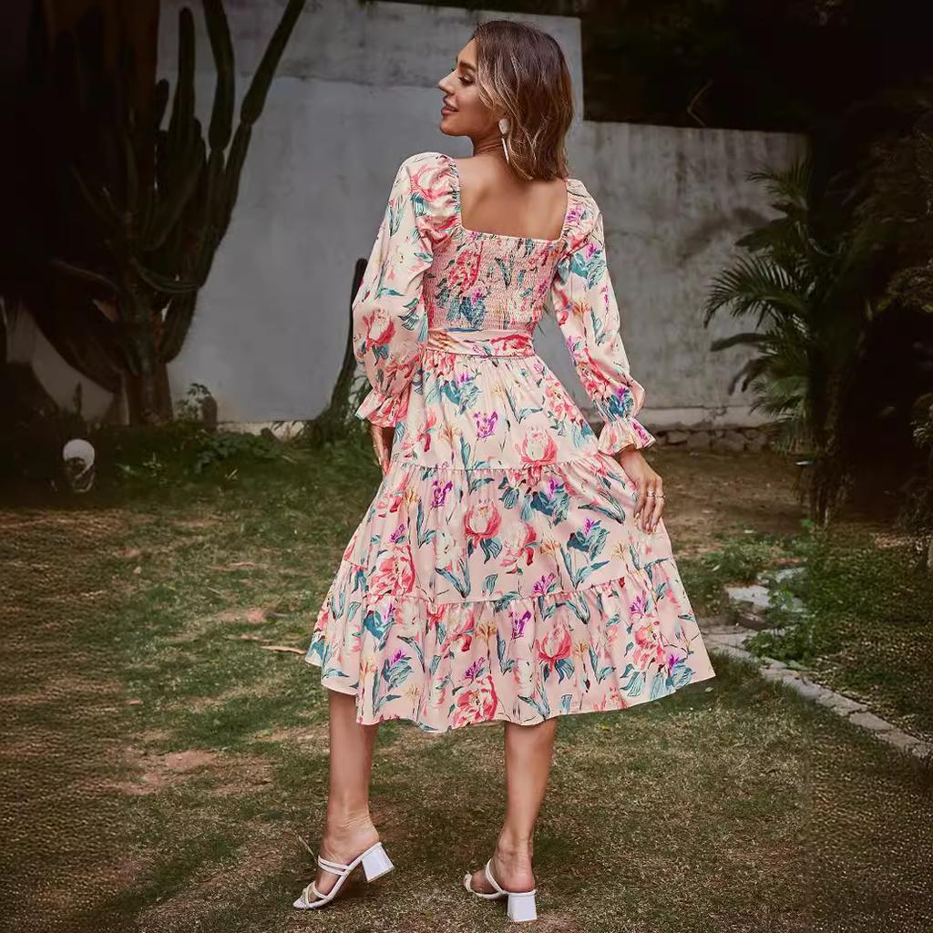 Summer new square neck horn long sleeve high waist dress loose long dress