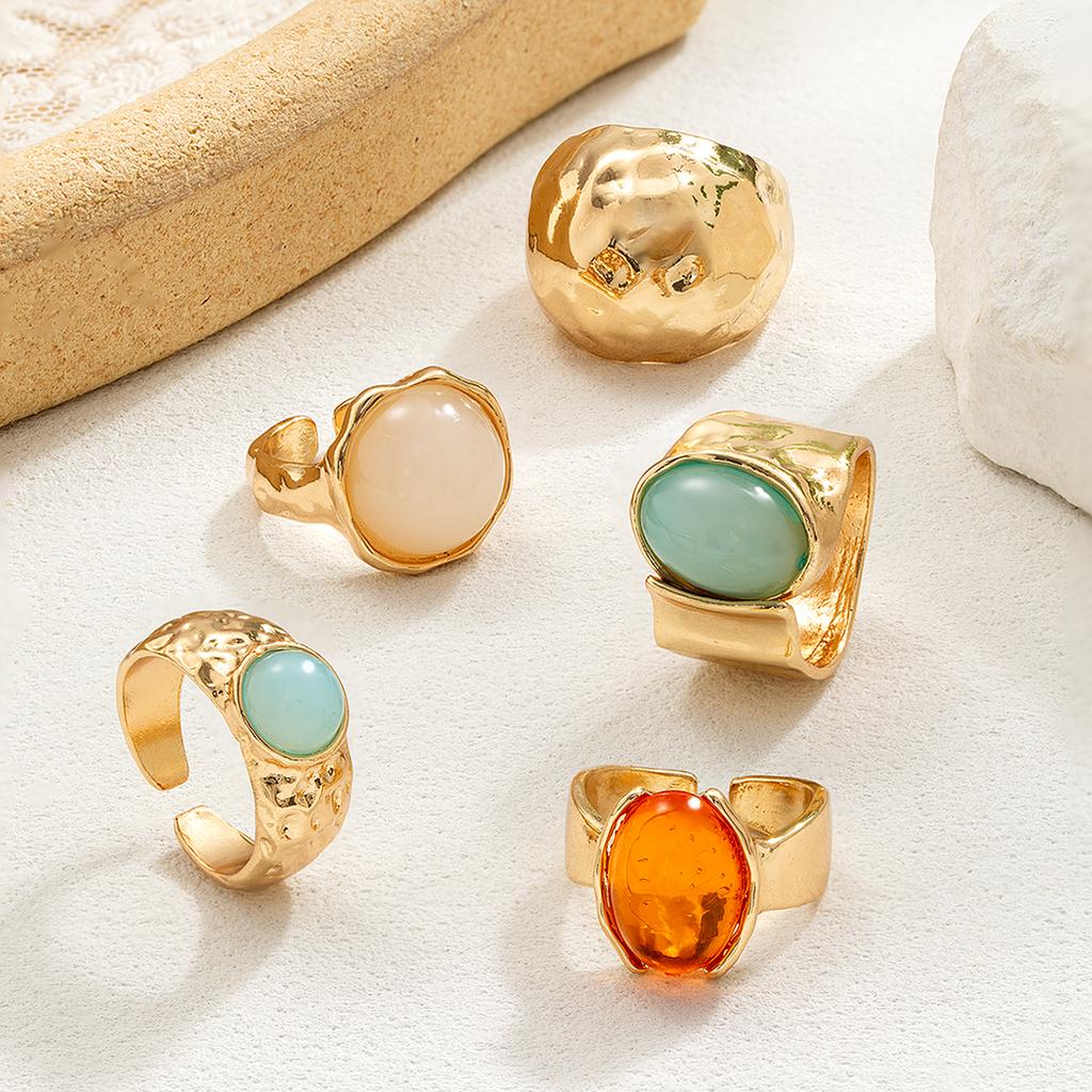 5 pieces of fashionable and personalized irregular wide ring with edge wrapped moonstone round buckle stacked open ring