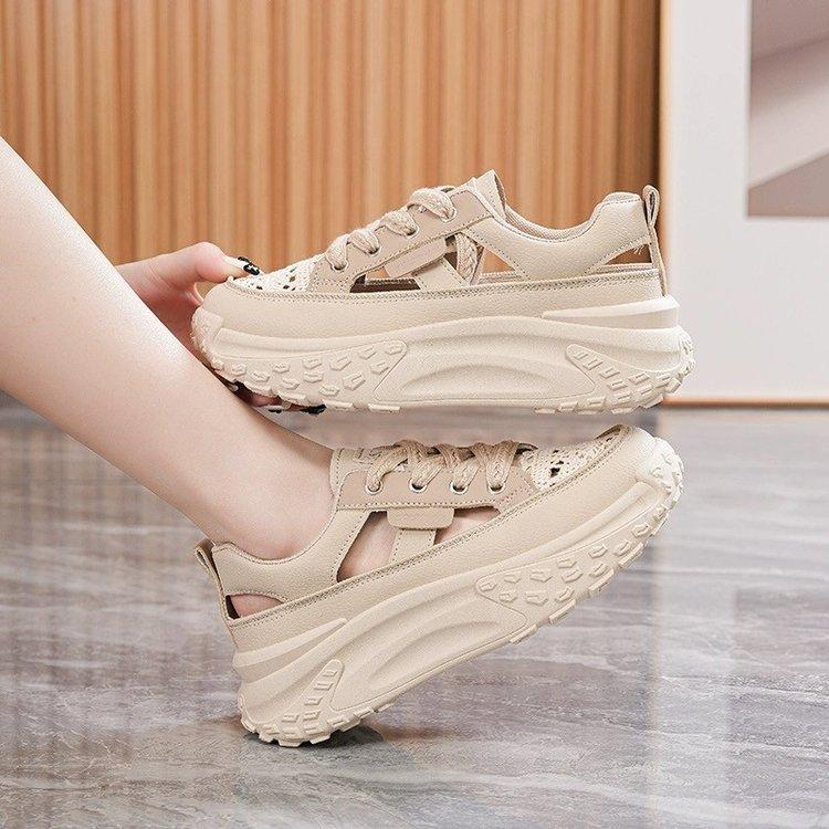 Platform casual shoes summer new platform hollow breathable color matching dad shoes student sports style white shoes