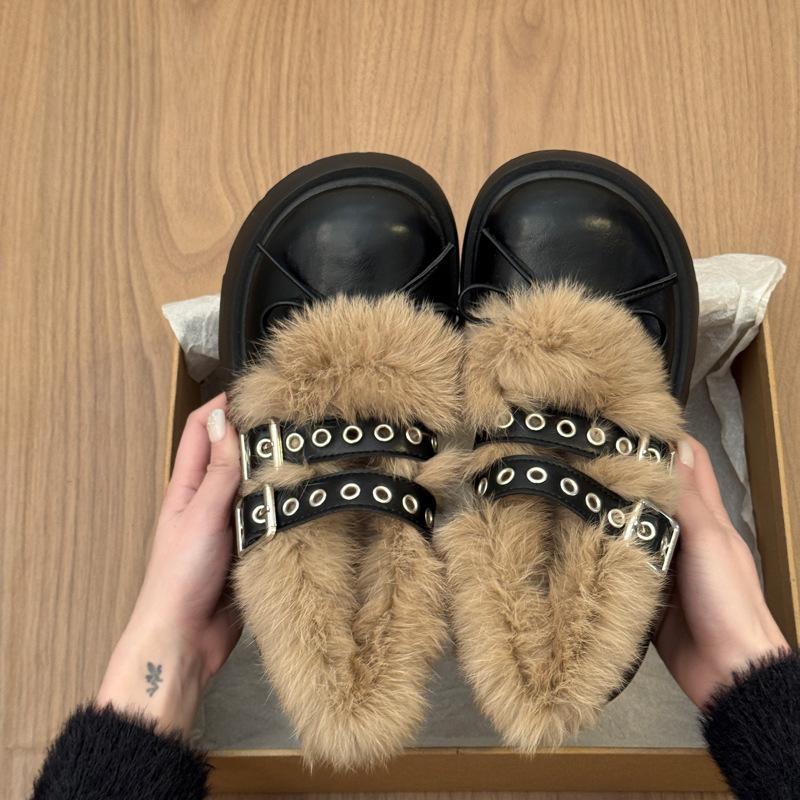 Women's Fur One Thick Bottom Heightening Winter Lightweight Warm Snow Boots Non-slip Wear-resistant Casual Sports Mary Jane Cotton Shoes
