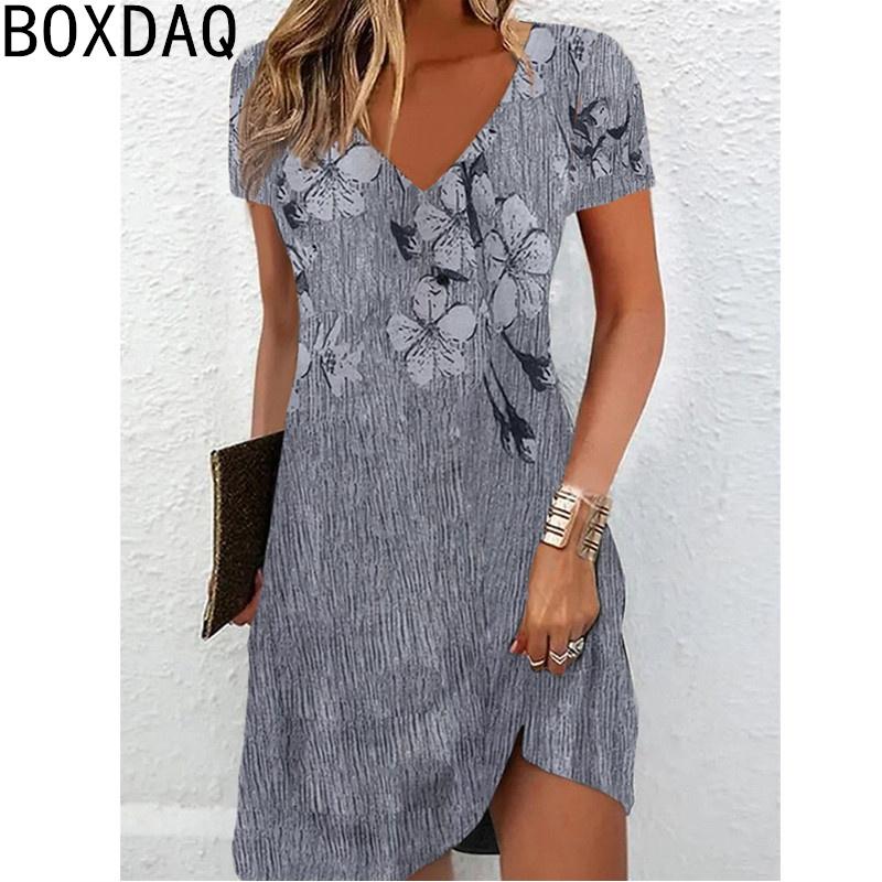 Women's Summer Dress Vintage Floral Printed Mini Dress V-neck Short Sleeves Casual Brach Holiday Dresses Oversized Dress