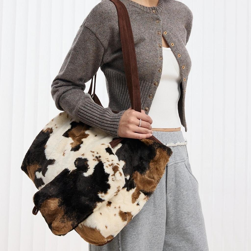Damen Kuhmuster Plüsch-Tragetasche Große Kapazität Kunstpelz Schulter-Handtasche Modischer Weicher Shopper