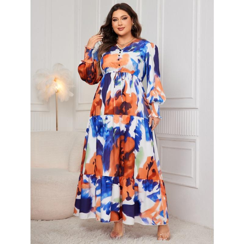 

Женское платье большого размера со свободным принтом средней длины с V-образным вырезом и высокой талией 4XL оранжевый