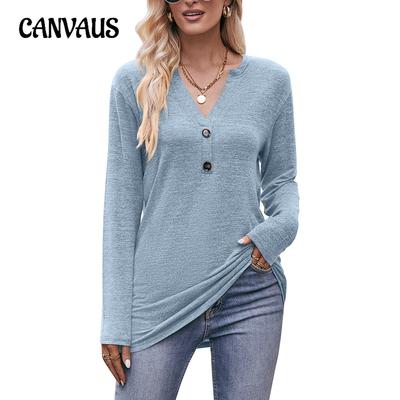 Blusa feminina casual de outono com decote em V e botões, manga comprida