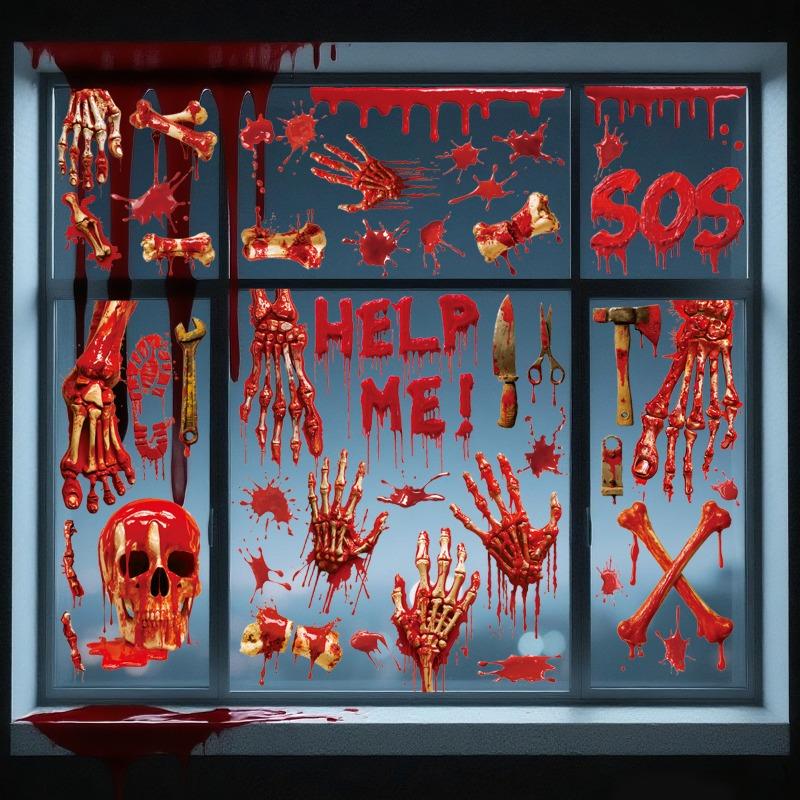 New Halloween 3D Three-dimensional Blood Handprint Sticker Bone Horror Sticker Holiday Party Decoration Window Sticker