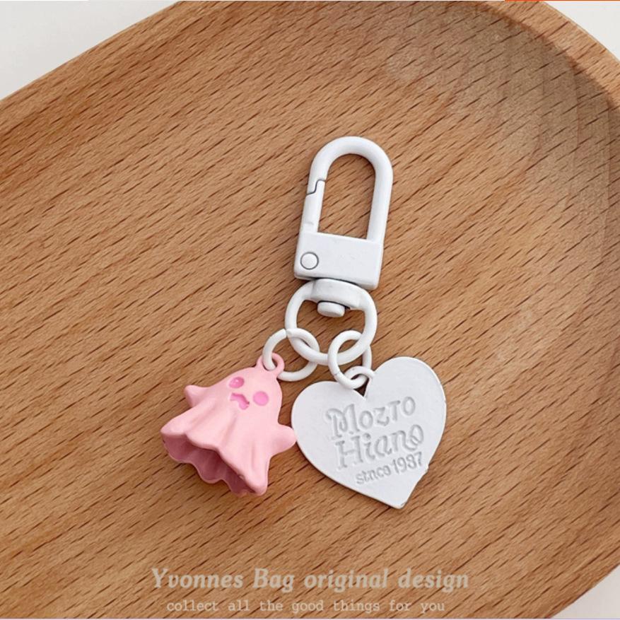 Sweet Little Ghost Heart Pendant Keychain - Pink & Black Round Buckle