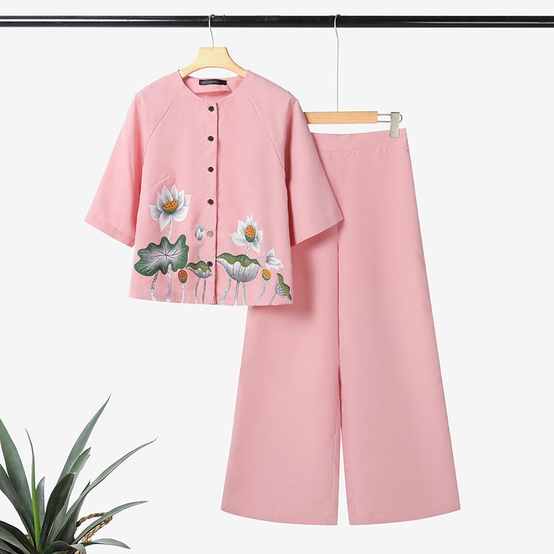 

ZANZEA Women Half Sleeve Print Blouse and Pants Summer Two Piece Suit Sets 5XL розовый