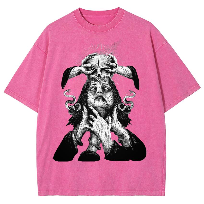 Gruseliger Charakter Schlangenmuster Baumwolle Damen Gewaschenes T-Shirt Übergroß Locker Halbarm High Street Punk Retro Oberteil