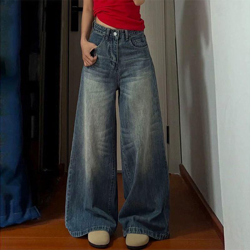 Autumn High-Waist Retro Washed Women s Plus Size Wide-Leg Jeans 2XL
