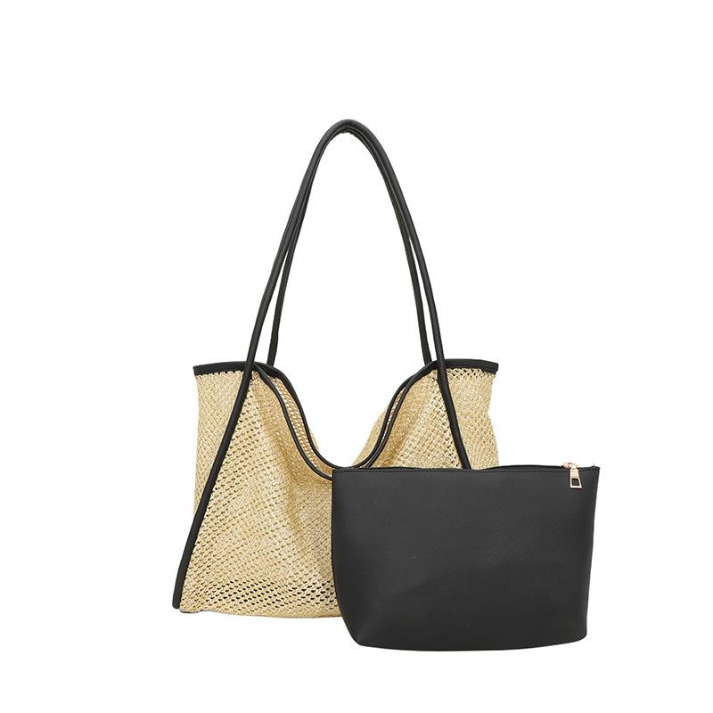 

Spring new women s lazy style fashion contrasting color shoulder strap bag retro large capacity shoulder messenger tote bag чёрный