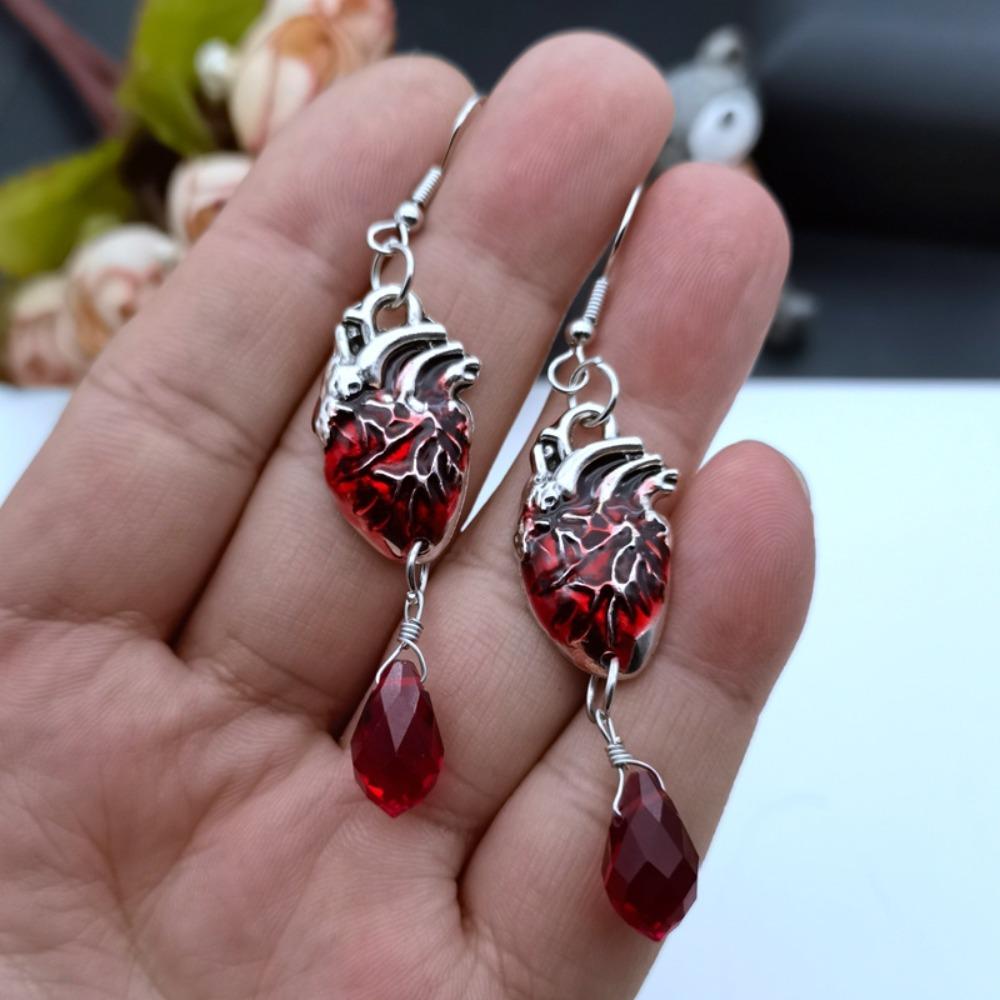 Exaggerate Gothic Demon Style Palm Blood Drop Heart Sword Pendant Dangle Earrings for Women Hallowmas Party Scary Jewelry Gift