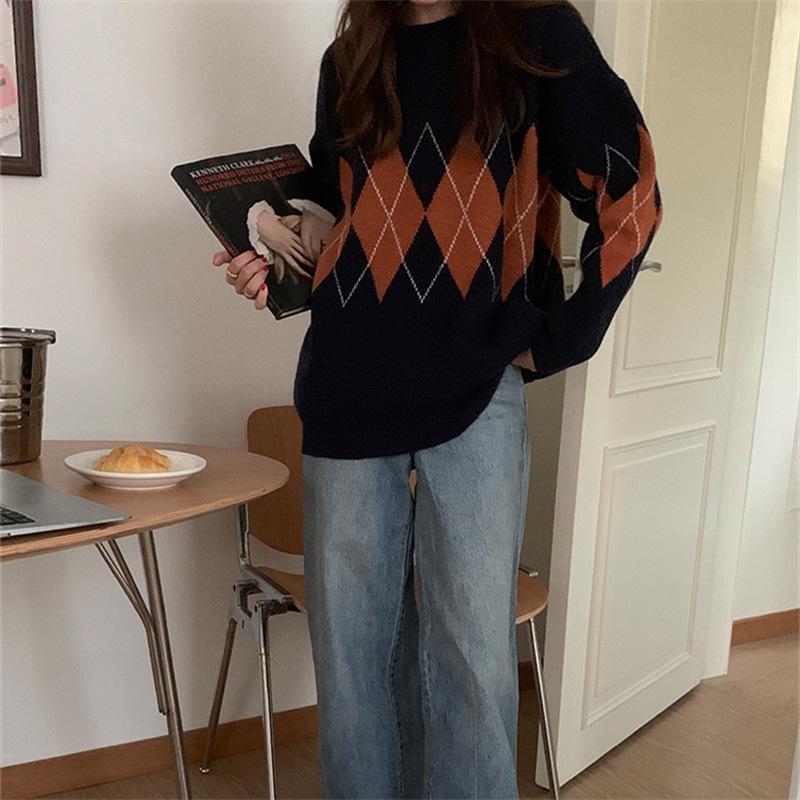 2023 Trendy Women's Diamond Pattern Sweater - Autumn/Winter Lazy Chic Elevated Design