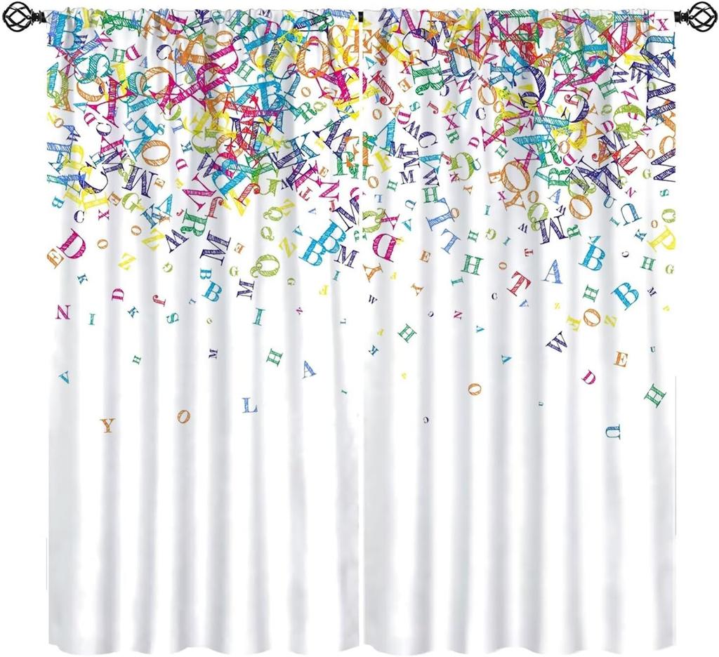 Funny Education Alphabet Abc Curtains,Cartoon Kids Learning Letters Watercolor Decor Rod Pocket Window Treatments For Boy Baby