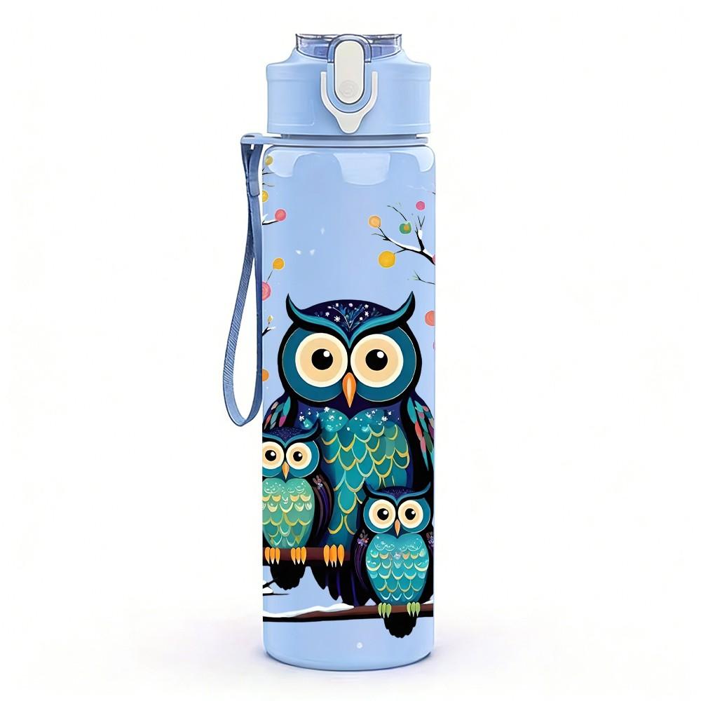 1PC Owl Tree Branch Floral Cartoon Print 750ml Color Plastic Sports Water Bottle Leakproof Flip Straw Lid Suitable for Sports Office Home Use