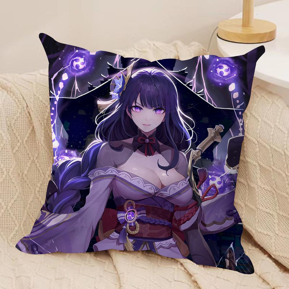 Raiden Shogun Genshin Impact Cushion Cover Silky Short Plush Invisible Zipper Dustproof Sofa Pillow Case For Home Decor