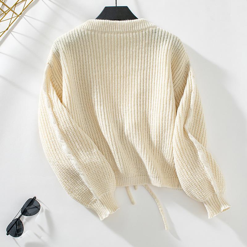 Autumn Winter Vintage Loose Long Sleeve Top Solid Color Cardigan Knitwear V-Neck Sweater