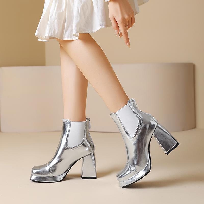 Übergröße Gold Glänzende Patchwork Damen Chelsea Boots mit eckiger Zehenpartie Extra Hohe Dicke Absätze Metallic Silberner Reißverschluss hinten Stiefel