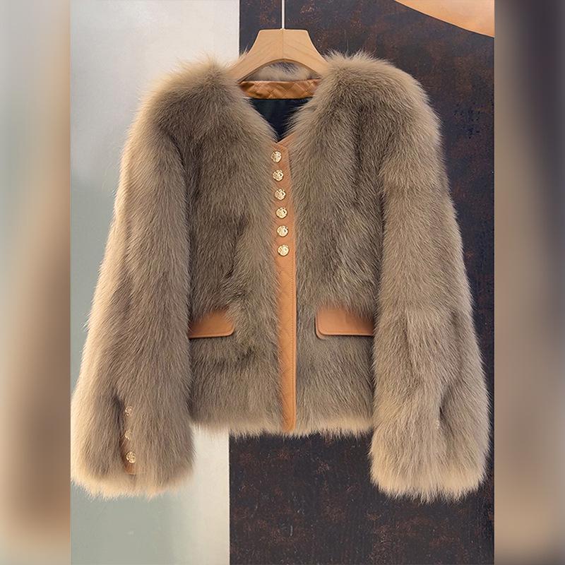 Dameskorte Nepvos Bontjas Leerafwerking Knopen Warm Winterjack