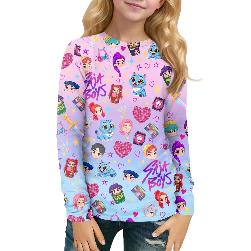 Children's Witch  Printed Long Sleeved Round Neck Top With Floral Print For Daily Casual T-shirt