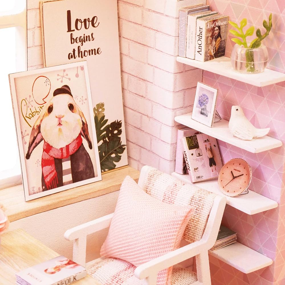 CUTRROOM DIY Miniature Wooden Dollhouse Kit 1:24 Scale with Furniture, Music Box, Dust Cover, LED Light