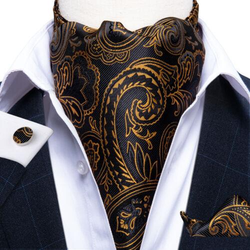 Mens Ascot Silk Cravat Blue Paisley Tie Handkerchief Cufflinks Set Formal Party