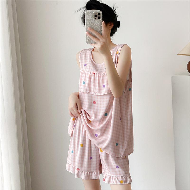 Women's Summer Ultra-Thin Cotton Satin Pajamas Set With Shorts And Sleeveless Vest, Cool Comfort Home Wear For Hot Weather