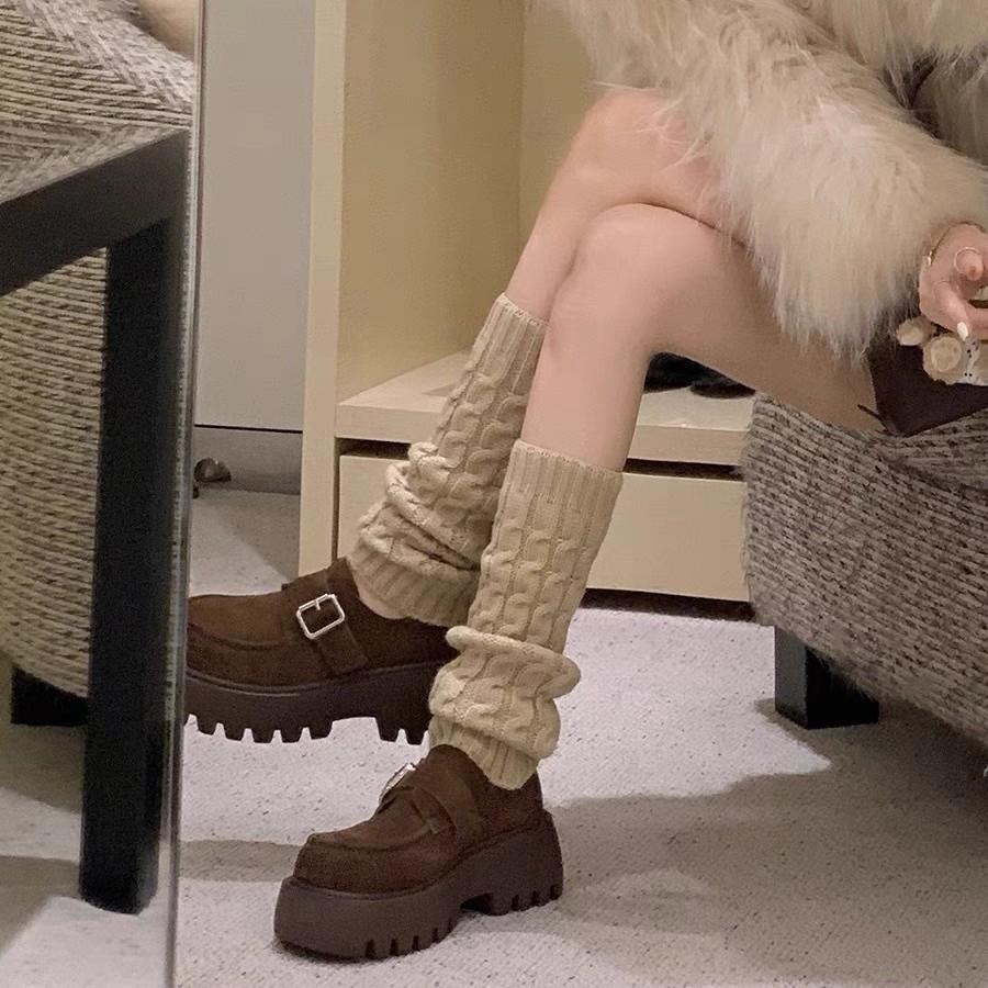 Round head metal one-word buckle with heightened thick heel platform loafers women's 2025 autumn and winter new British style small leather shoes