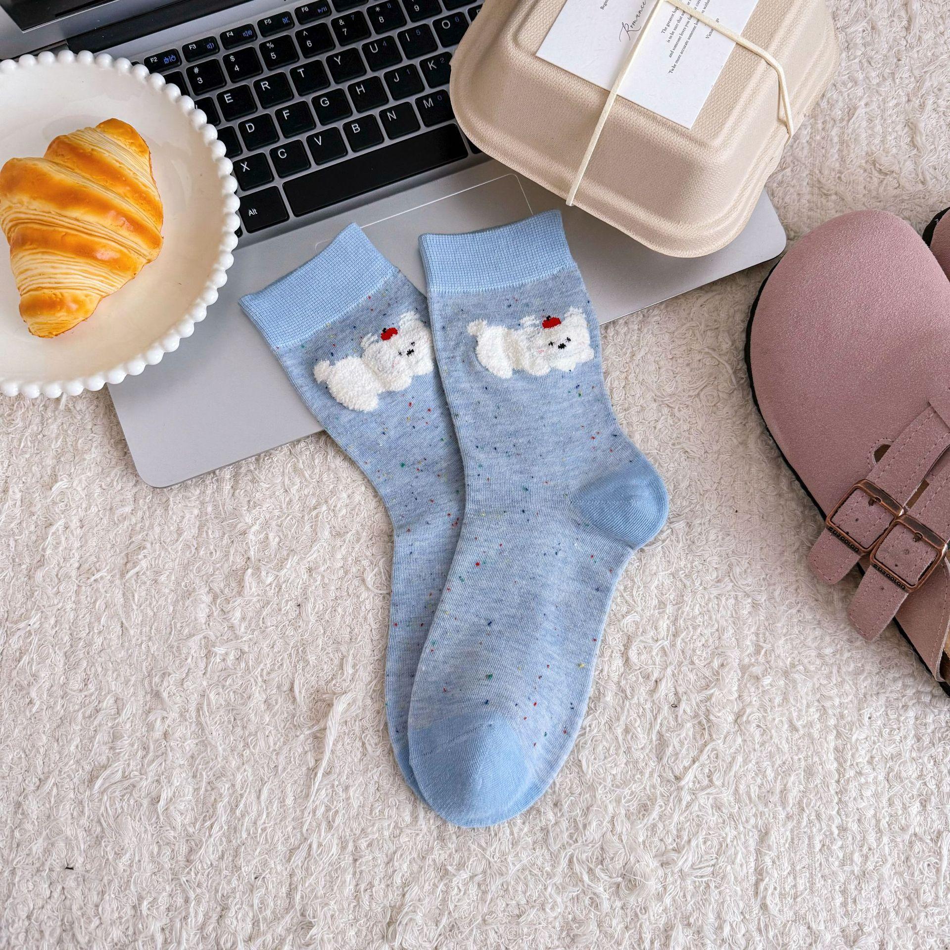 

Boneless Cute Cartoon Bear Three-Dimensional Socks Flocked Contrasting Mid-Leg Socks Spring And Autumn Dot Gauze Socks Cotton Piles Of Socks One size fits all синій