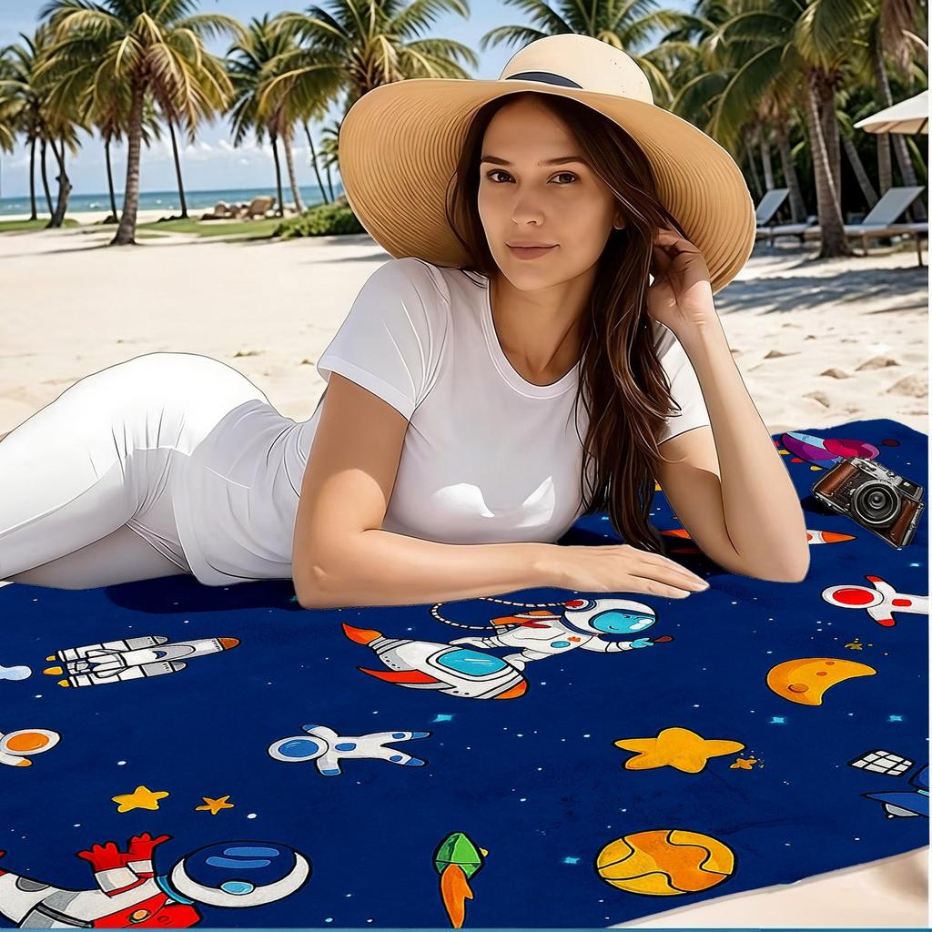 1pc Cartoon Space Theme Ultra-Soft Beach Towel | Astronaut, Rocket, Planet Print, Microfiber, Quick-Dry, Super Absorbent