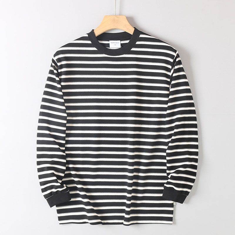 Foreign Trade Export Cut-Label Surplus Double-Sided Yarn-Dyed Striped Long-Sleeve T-Shirt for Men, Autumn Loose Casual Round-Neck Base Shirt