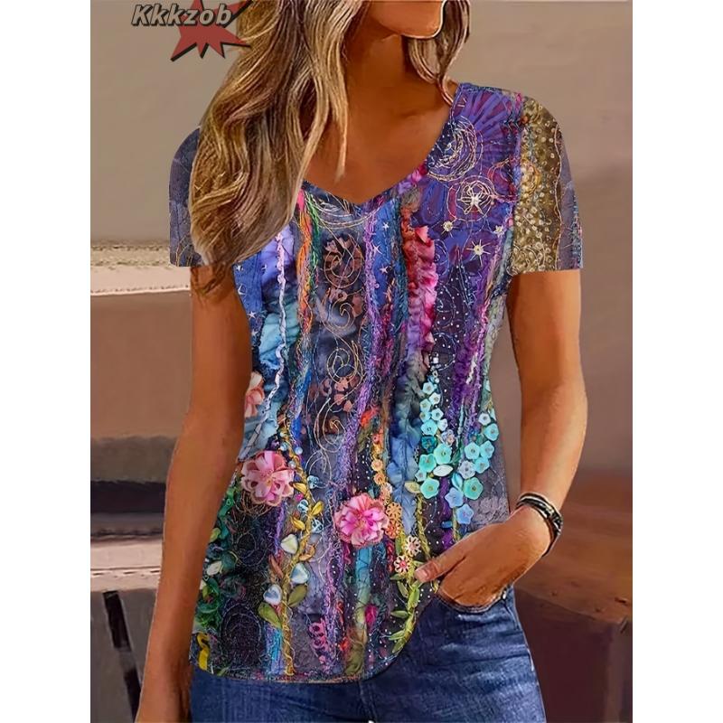 Damen T-Shirts V-Ausschnitt 3D Kunstdruck Tops Locker Kurzarm T-Shirts Sommer Streetwear Mode Lässig Übergroße Damenbekleidung
