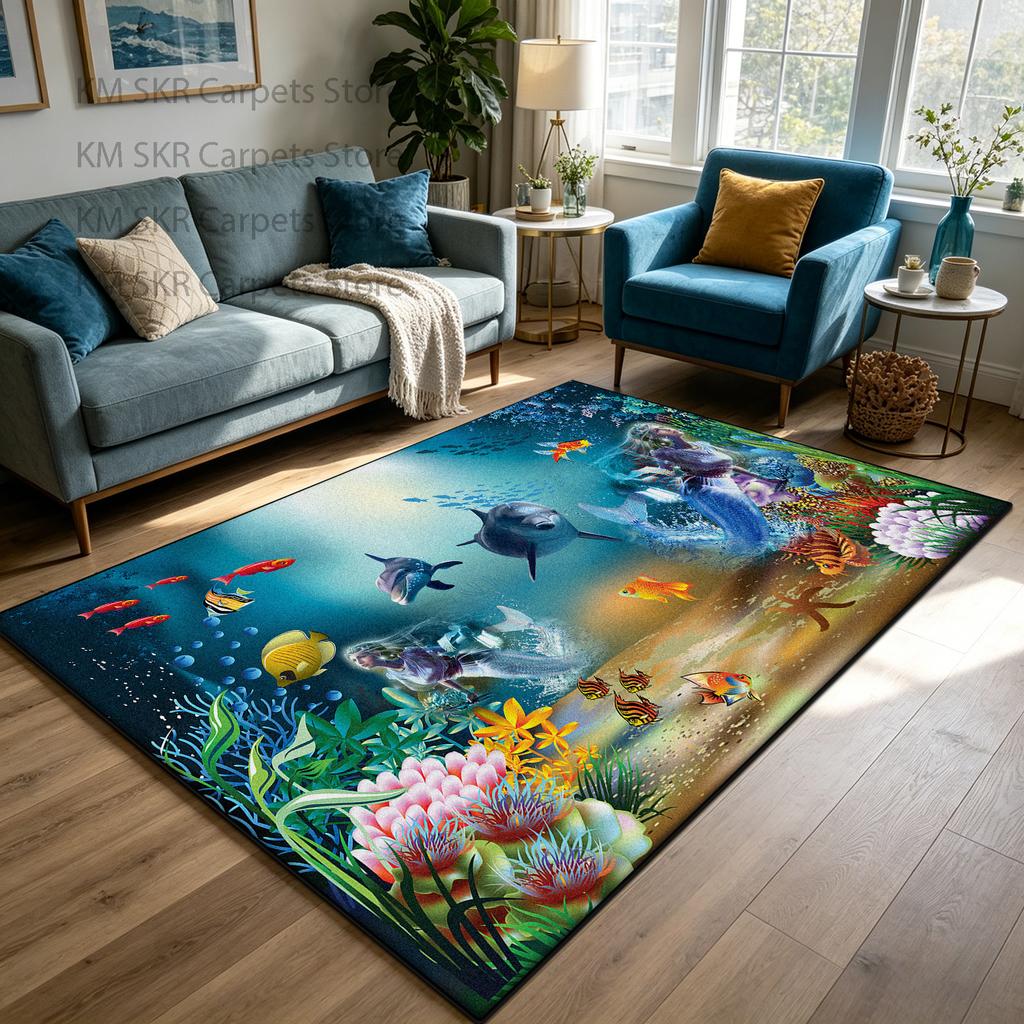 3D Ocean World Living Room Carpet Cute Lounge Décor Machine Washable Non-slip Lounge Rug Soft Fluffy Bedroom Bedside Mat Custom