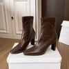 Small Brown High-heeled Short Boots Women's Autumn and Winter Boots 2025 New French Small Ankle Boots Square Head Thick Heel Thin Boots