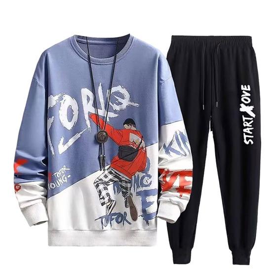 

2Pcs/Set Men Sportswear O-Neck Long Sleeve Youthful Print Sweatshirt Elastic Drawstring Waist Sport Pants Set Casual Activewear L синій