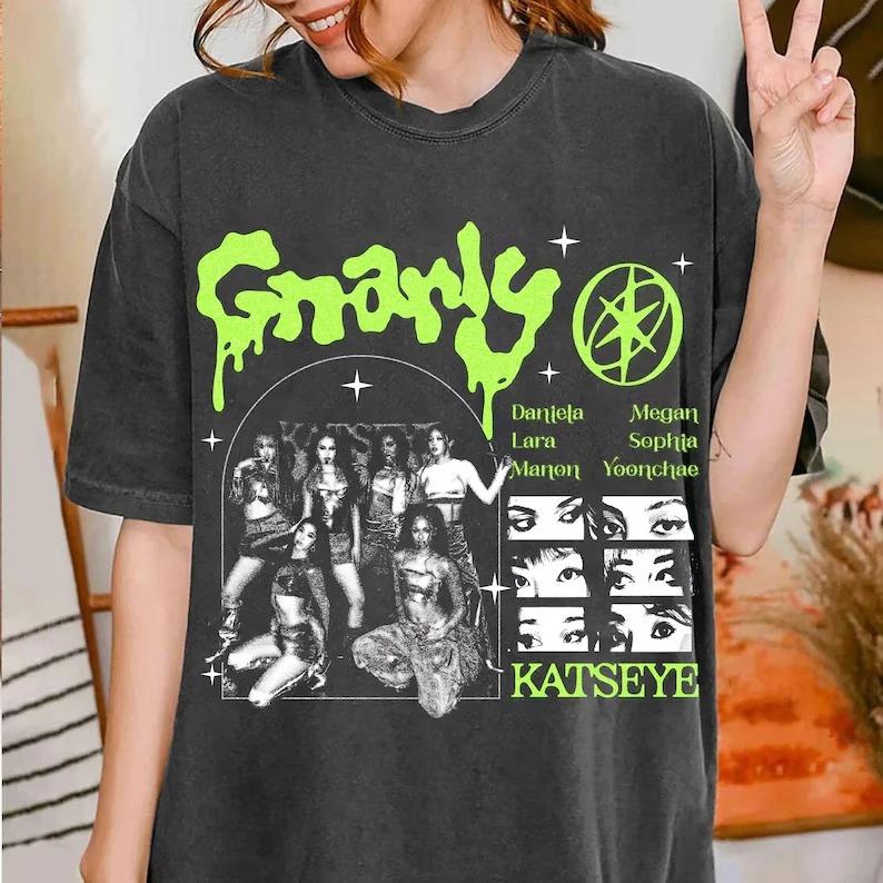 Retro Vintage KATSEYE Gnarly T-Shirt Unisex Herren Damen Vintage Oversized T-Shirt Baumwolle Streetwear Lockere Kurzarm-Oberteile T-Shirt