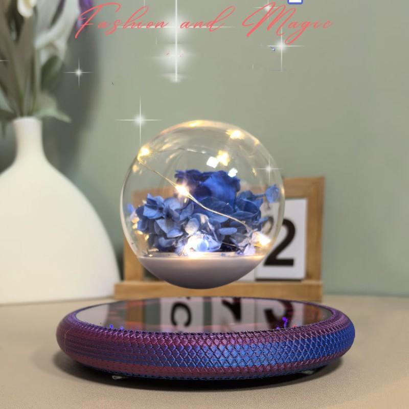 Magnetic Levitating Preserved Flower with Purple Base, 360° Free Rotation, Home Decoration Birthday Gift Valentine's Day Gift