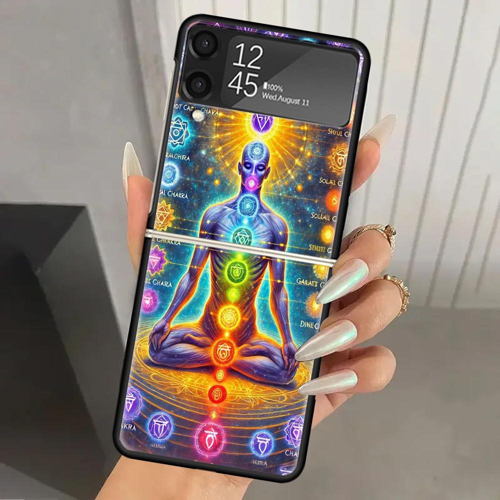 Yoga Chakra Spiritual Energy Universe Hard PC Phone Case For Samsung Galaxy Z Flip 7 6 5 4 3 Black ZFlip7 ZFlip6 Flip5 Flip4 Fli