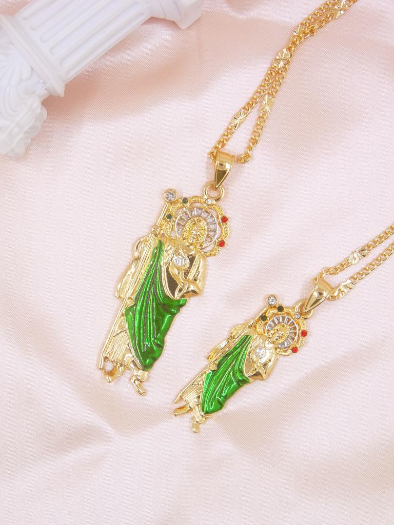 14K Gold Plated Green St. Judas St. Jude Pendant Necklace