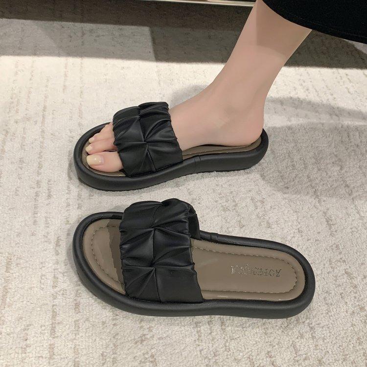 

Thick-soled cool slippers 2024 summer girls open-toe fashion one-word drag soft-soled versatile simple casual outer slippers 35 чёрный