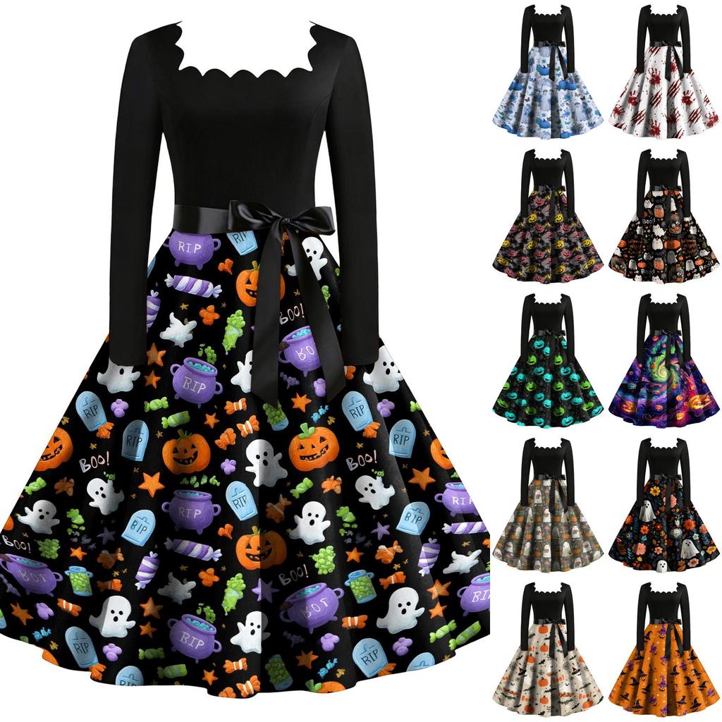 Women Vintage Long Sleeve Square Neck Halloween Printed Party Dress Retro Full Skirt Mid-Calf Length Elegant Fit and Flare Dress