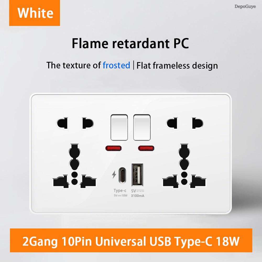 18W Type-C Plug Quick Charging Universal 5-pin Dual Power Socket,UK Standard 13A Wall Socket with DC 5V 3.1A Type-c USB Charger