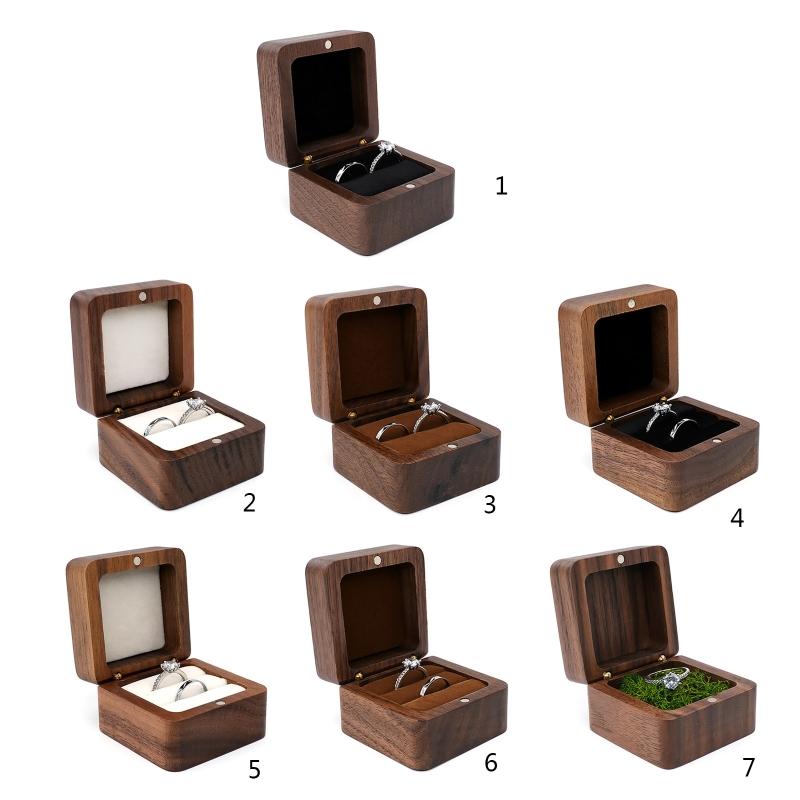 Multifunctional Small Jewelry Box Square Shape Organizer Mini Wooden Ring Box Soft Interior Holder for Proposal Wedding